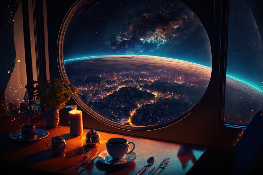 Coffee Table with Spaceship and Planet | Nightscapes