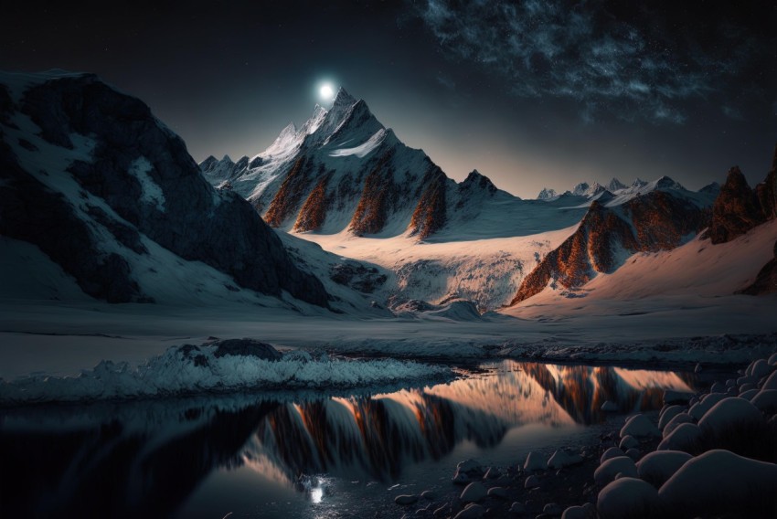 Moonlit Mountain with Snow - Sci-Fi Landscape | Photo-realistic