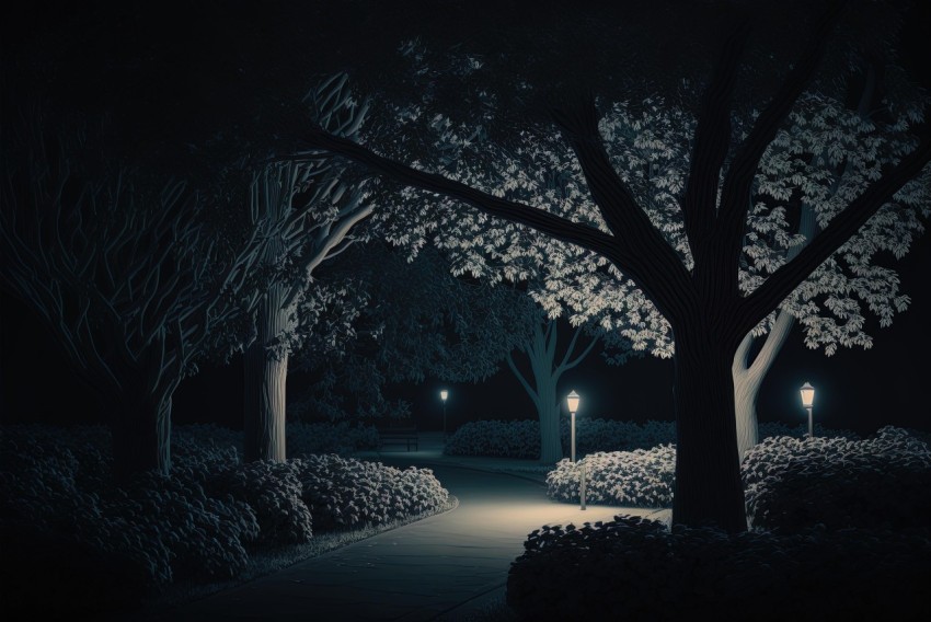Night Scene with Trees and Lit Up Path - Highly Detailed and Whimsical