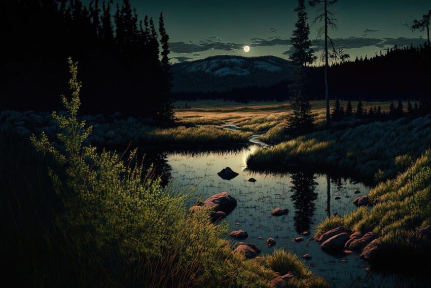 Moonlit Meadow: Realistic Oil Painting of Norwegian Nature