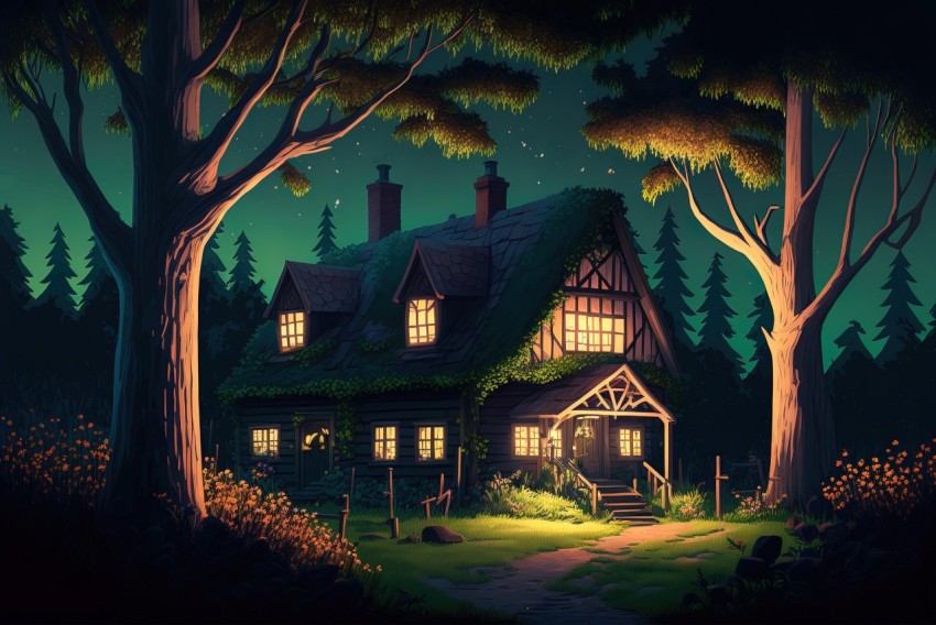 House in Forest at Night - Cartoon Illustration with Hyper-Detailed Renderings