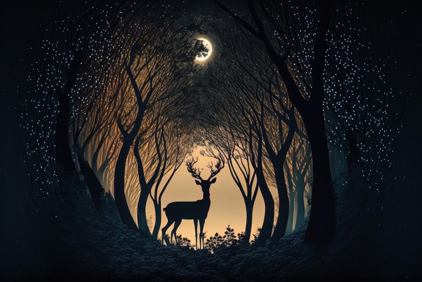 Surrealistic Deer in Moonlit Forest - Impressive Panoramas and Ultra-Detailed Art
