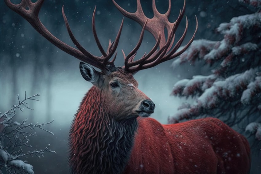 Red Deer in Snow - Realism with Surrealistic Elements - Epic Portraiture