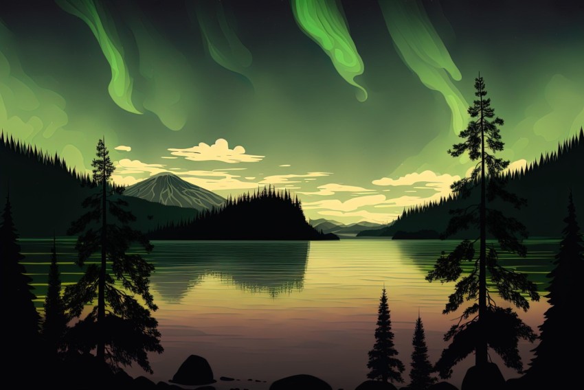 Aurora Lights on a Lake: Stunning Illustration with Whistlerian Style