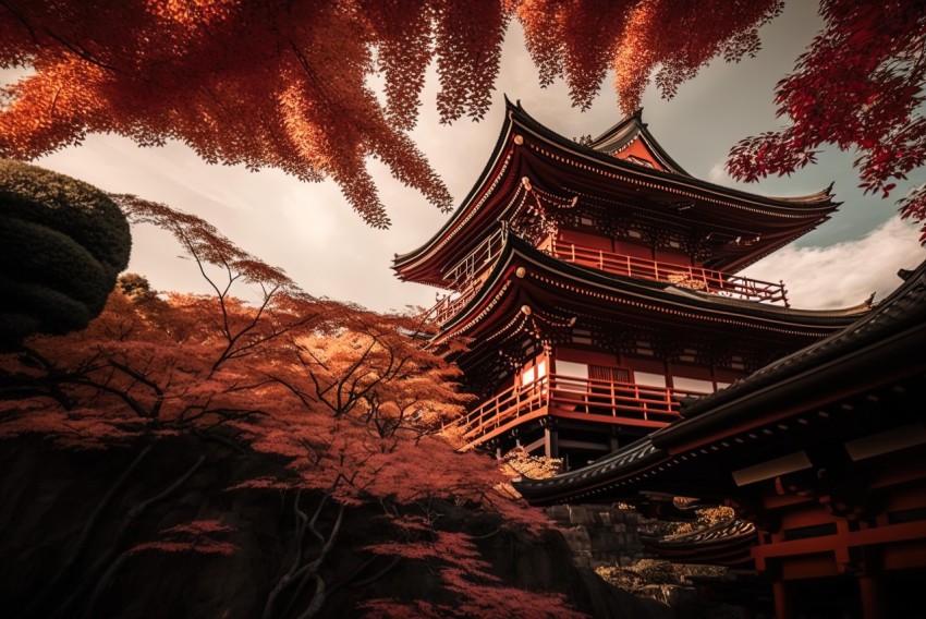 Japanese Pagoda near Red Trees - Layered and Atmospheric Landscapes