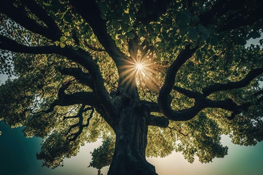 Poetic and Atmospheric Tree with Sun Rays - Organic Nature-Inspired Imagery