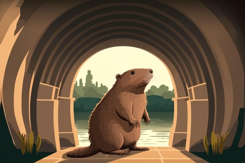 Cartoon Beaver Looking out Tunnel into River - Dramatic Cityscape Style