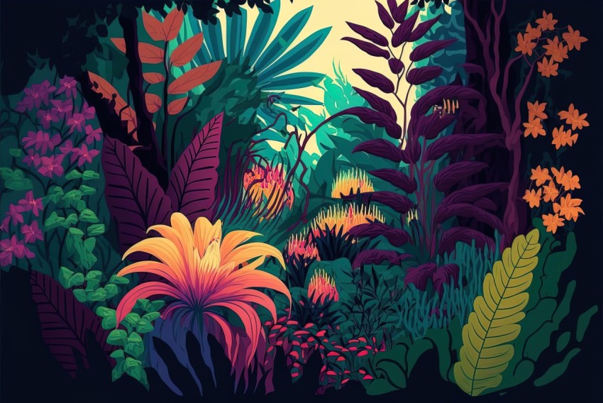 Vibrant Tropical Forest Illustration - Colorful Flora and Fauna