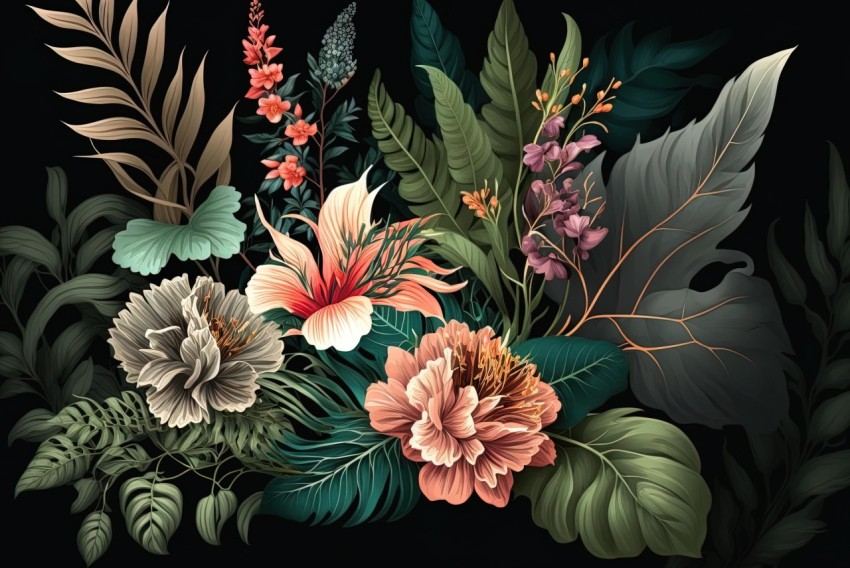 Hyper-Detailed Tropical Flowers on Black Background - Colorful Arrangements