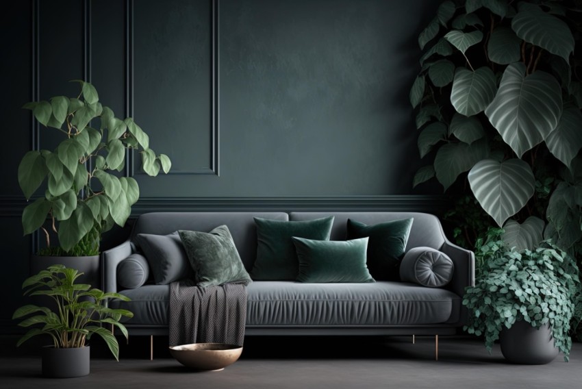 Dark Green Couch with Plants - Rich Tonal Palette