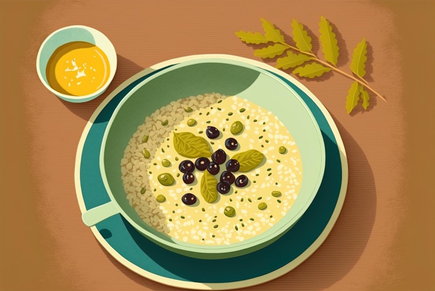 Illustration of Olive Soup with Olives and Nuts in Soft Blended Colors