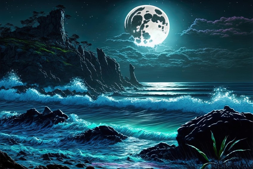 Moonlit Beach Wallpaper | Surrealistic Night Scene