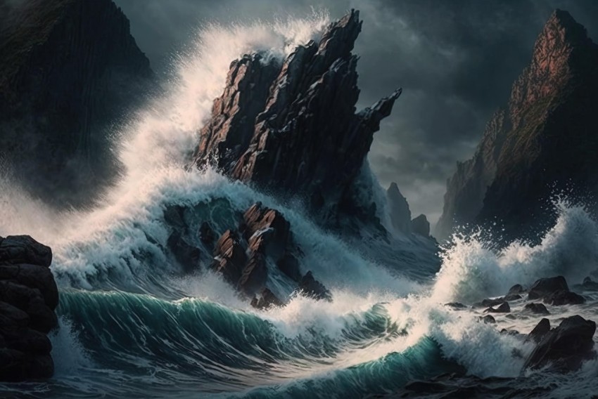 Stormy Ocean in Cliffs: Realist Detail Nature Image