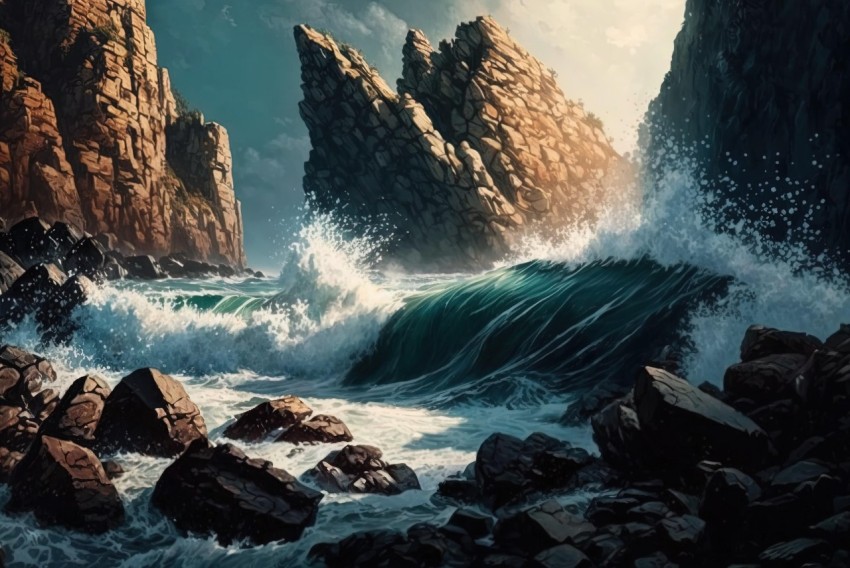 Digital Fantasy Landscape Painting with Rocky Cliff and Stormy Waves