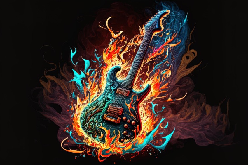 Flame Guitar Illustration on Black Background | Hyper-Detailed Art