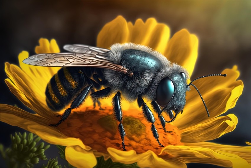Realistic Fantasy Artwork: Bee with Yellow Flower | Dark Cyan