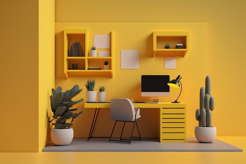 Dark Yellow Modern Design Room with Computer Monitor, Cactus Garden, and Shelves