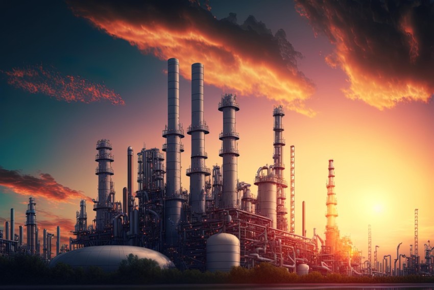 Industrial Refinery Building at Sunset | Vibrant Fantasy Landscapes