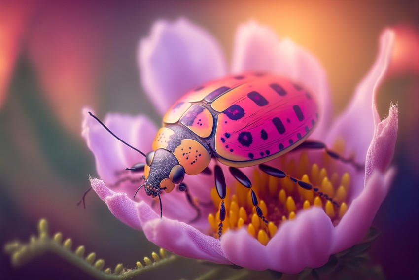 Colorful Fantasy Beetle on Pink Flower - Vray Tracing and Photo-Realistic Techniques