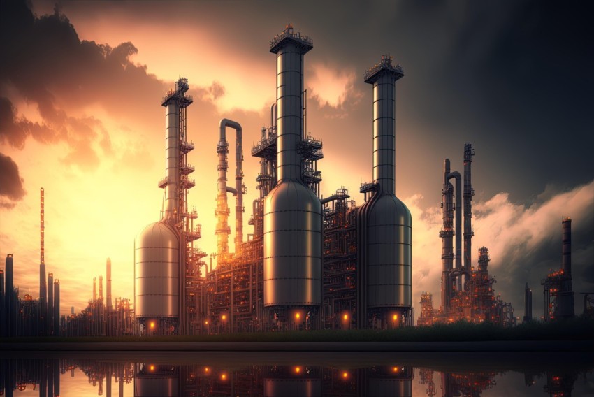 Petrochemical Plant at Sunset: Photorealistic Still Life with Sci-Fi Baroque Elements
