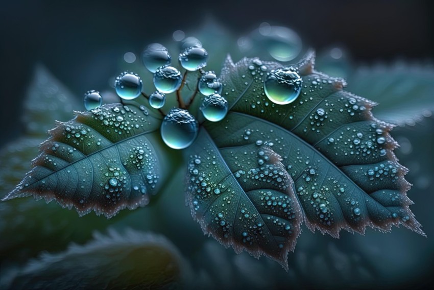 Blue Leaf with Water Droplets in Realistic Fantasy Artwork