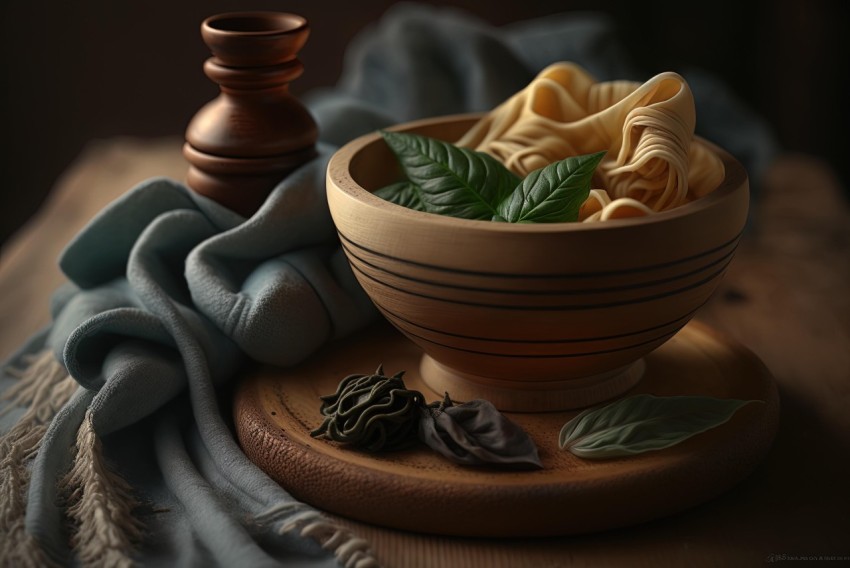 Wooden Bowl of Pasta with Herbs on Table | Zbrush Style