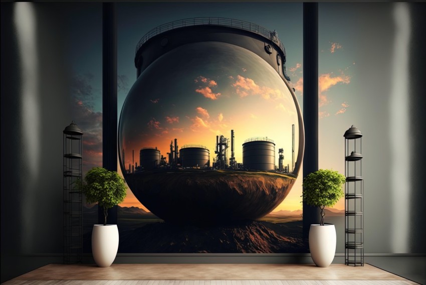 Hyper-Realistic Sci-Fi Wall Mural: Water Factory with Industrial Aesthetic