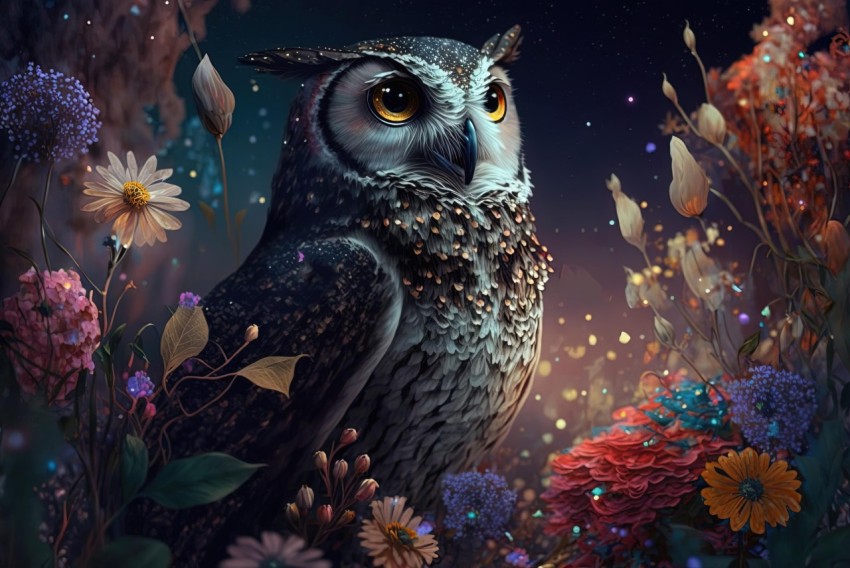 Realistic Owl Illustration in a Dreamlike Floral Setting