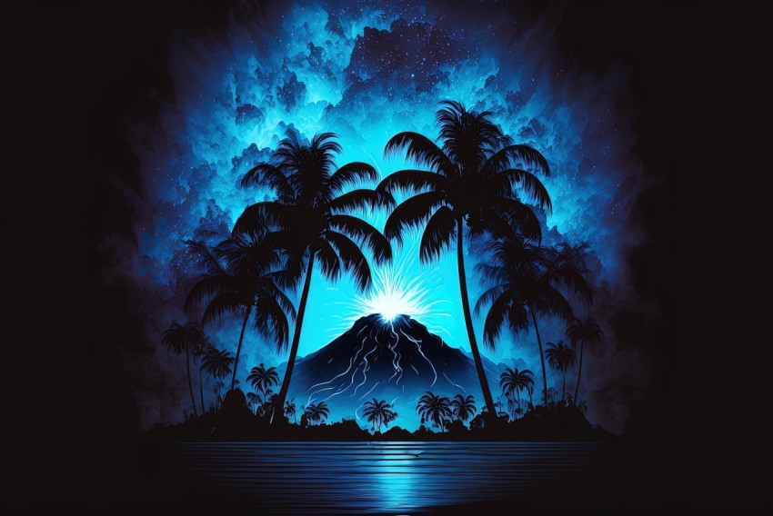 Nighttime Palm Trees in Mountains: Psychedelic Illustration