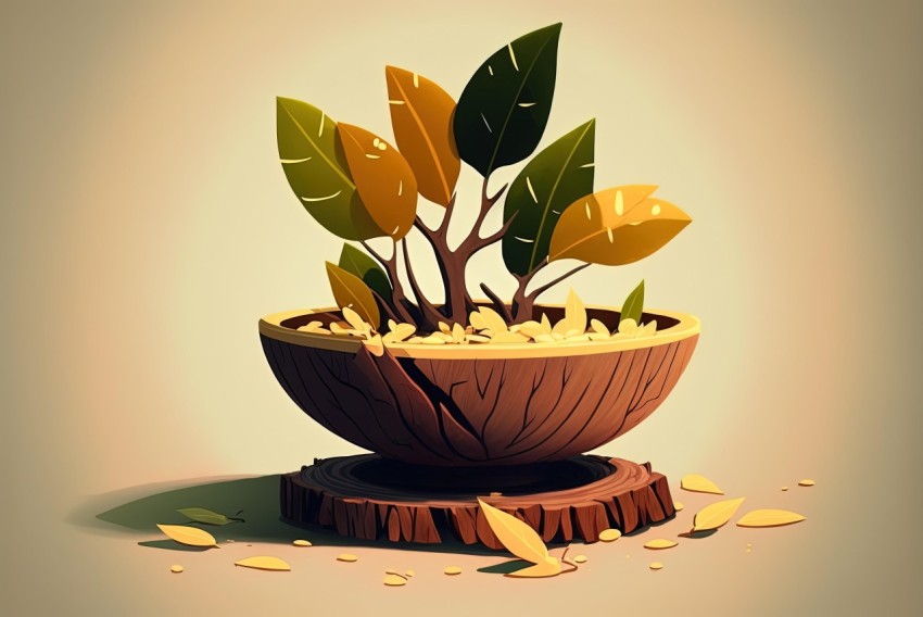 Cartoon Plant and Leaves in Bowl with Money - Wood Sculptor Style