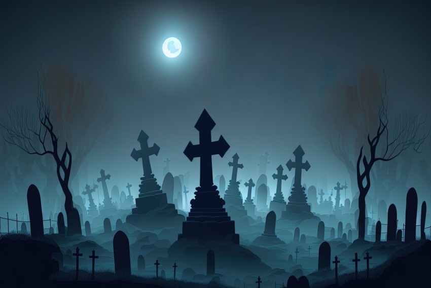 Creepy Graveyard with Moon: Graphic Illustration
