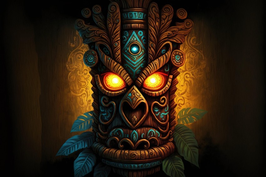 Tiki Mask Artwork on Dark Background | 2D Game Art Illustration