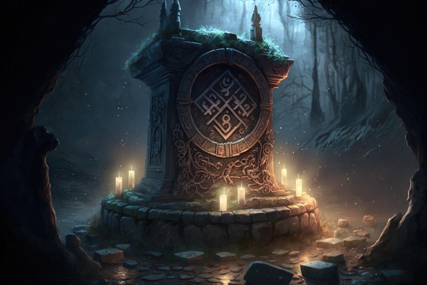 Grave in the Woods with Candles and Glyphs - Realistic Hyper-Detailed Rendering