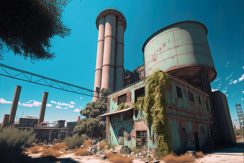 Rusty Industrial Building in Ray Tracing Style | Pink and Cyan