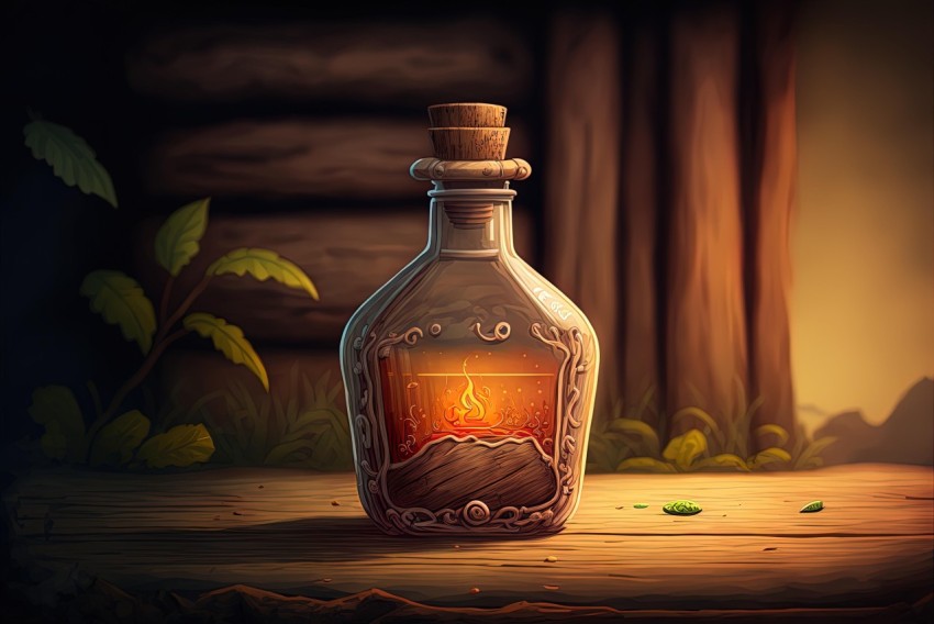 Fiery Bottle on Wooden Table - 2D Game Art Illustration