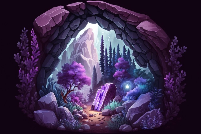 Enchanting Cave with Purple Trees - Hyper-Detailed Illustration