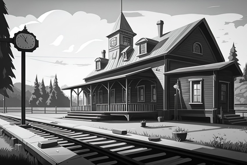 Black and White Train Station Illustration - Detailed Backgrounds