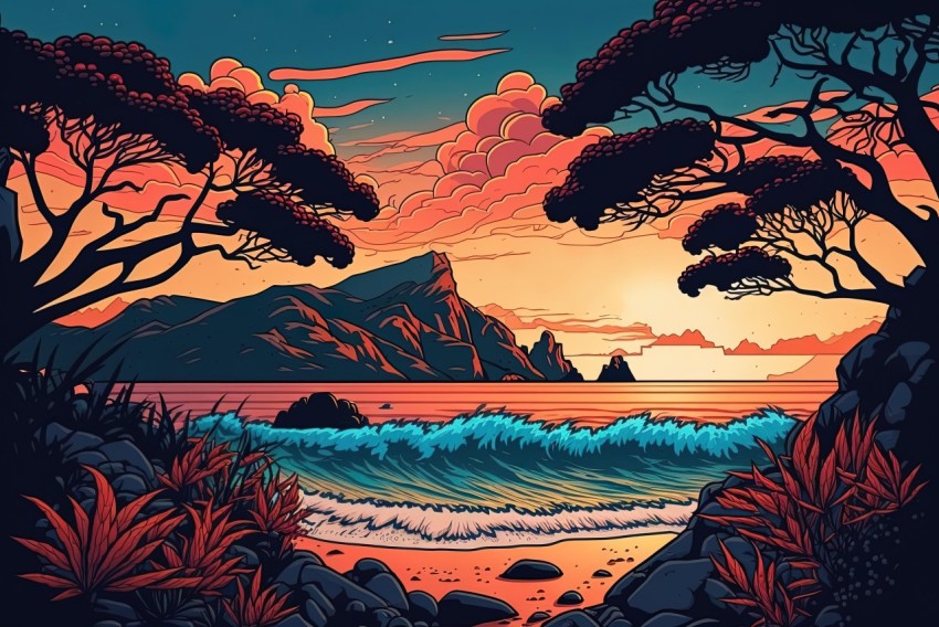 Vibrant Sunset Seascape Illustration in Woodcut Style