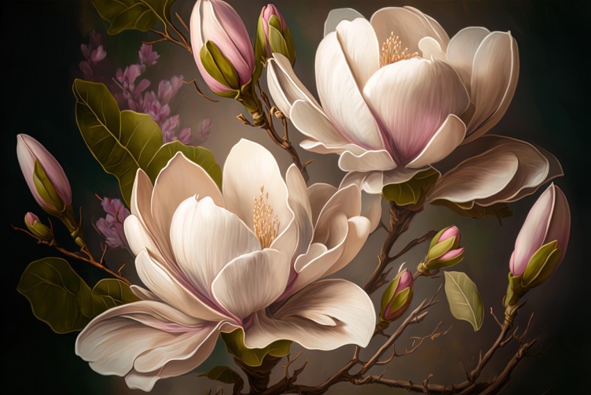 Magnolia Flowers - Detailed Background Painting with Realistic Color Schemes