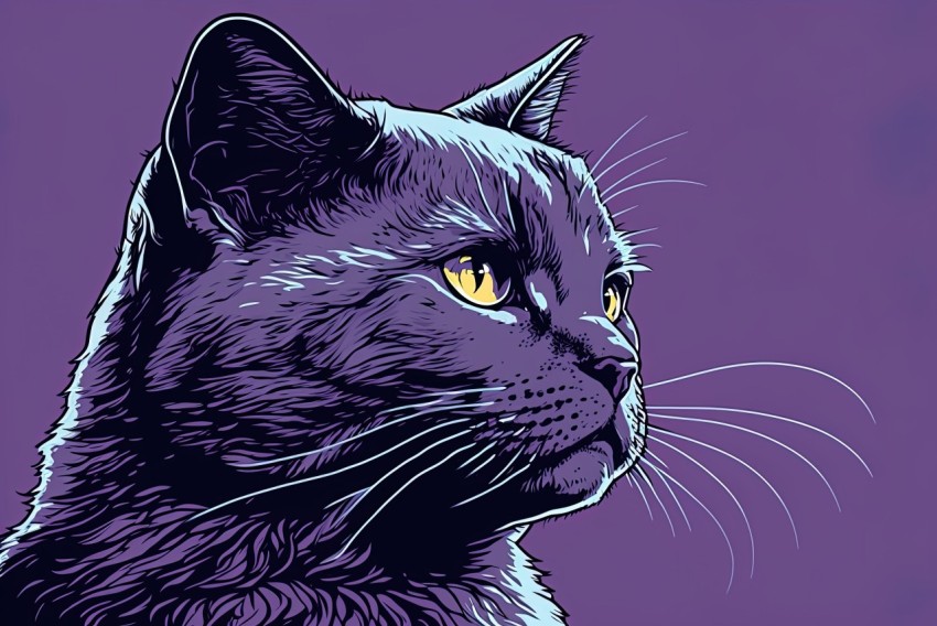 Black Cat Portrait on Purple Background | Realistic Hyper-Detailed Art