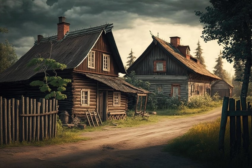 Nostalgic 3D Digital Paintings of Houses in a Forest
