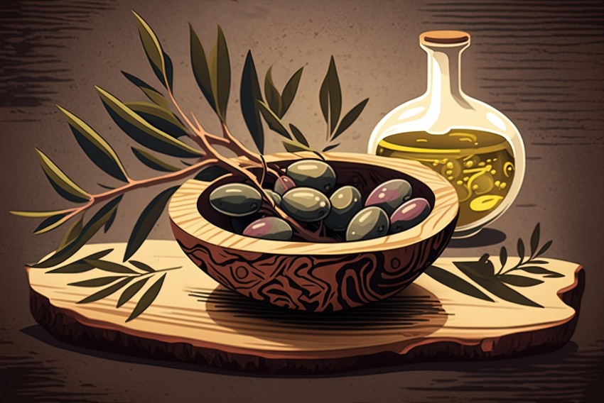 Decorative Olives on Wooden Board Illustration | Phoenician Art