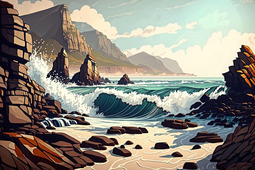 Crashing Waves in the Ocean: Graphic Illustration of a Rugged Landscape
