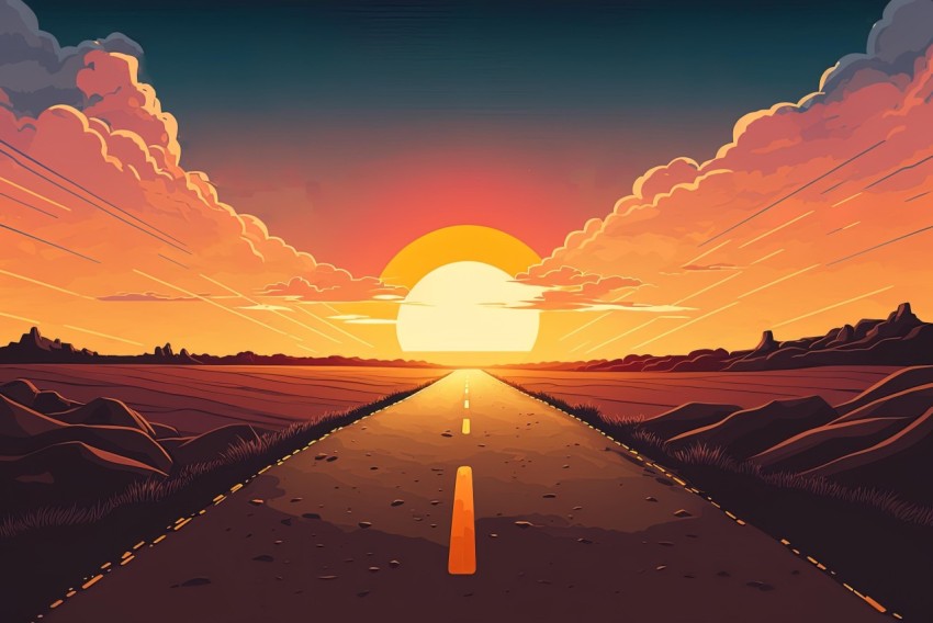 Road Sunset Illustration - Mesmerizing 2D Game Art