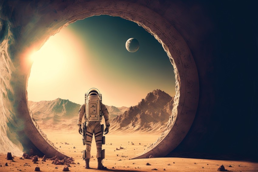 Spaceman in Space Suits Looking at Door in Sunlit Desert