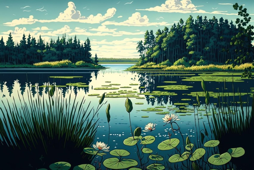 Intensely Detailed Illustration of a Serene Lake with Water Lilies