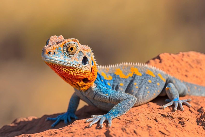 Blue and Orange Lizard on Desert Rock - Radiant Colors and Sharpness