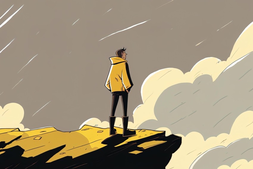 Dark Yellow Cartoon Illustration of a Man on a Hill with Clouds