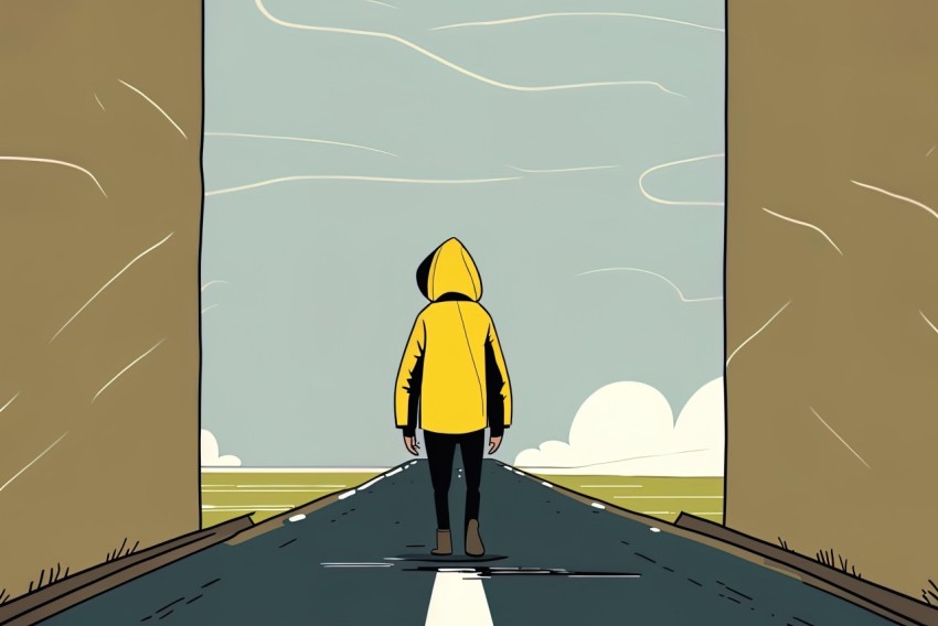 Cartoonist in Yellow Jacket Walking on Road - Ominous Landscapes