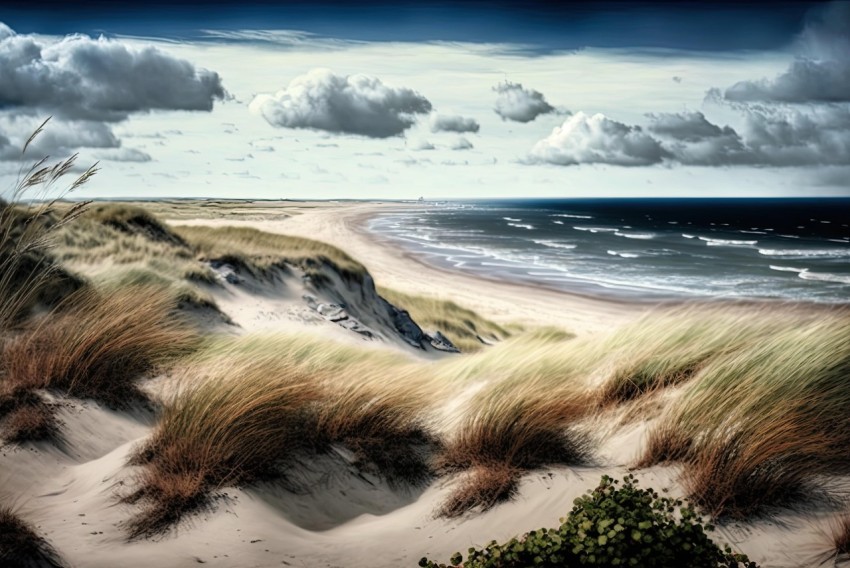 Detailed Realistic Beach with Sand Dunes and Windmills